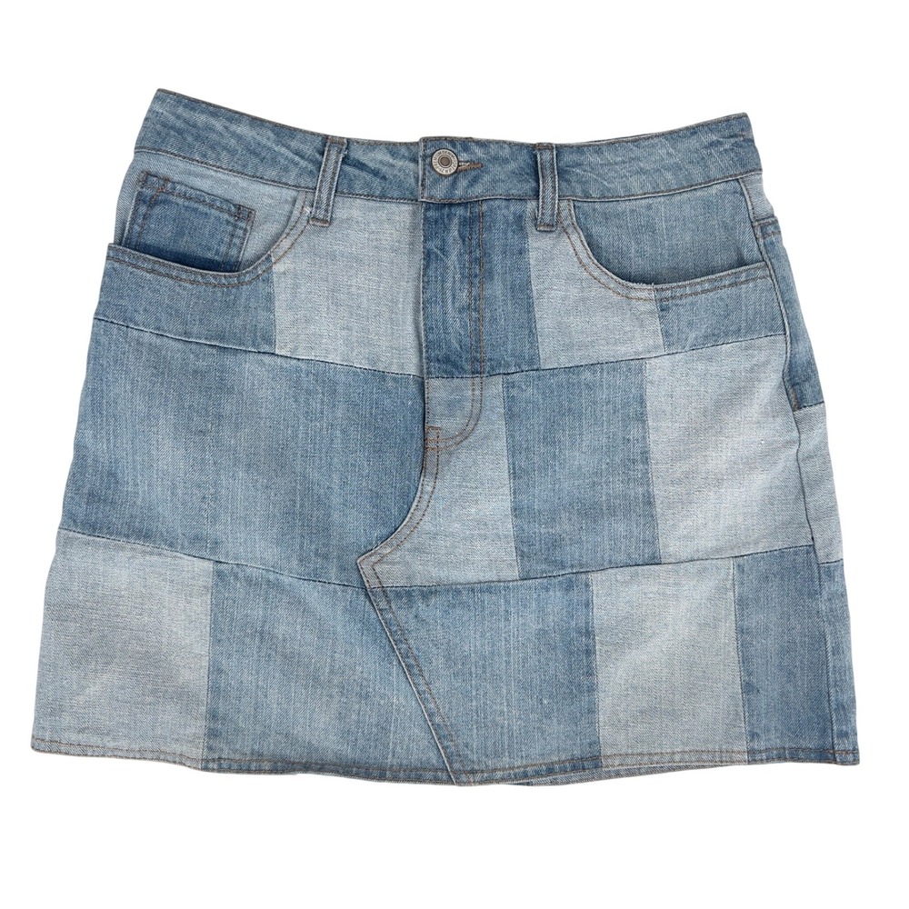 Forever 21 Womens 27 Mini Skirt Blue Patchwork Denim Jeans Skirt Boho Hippie